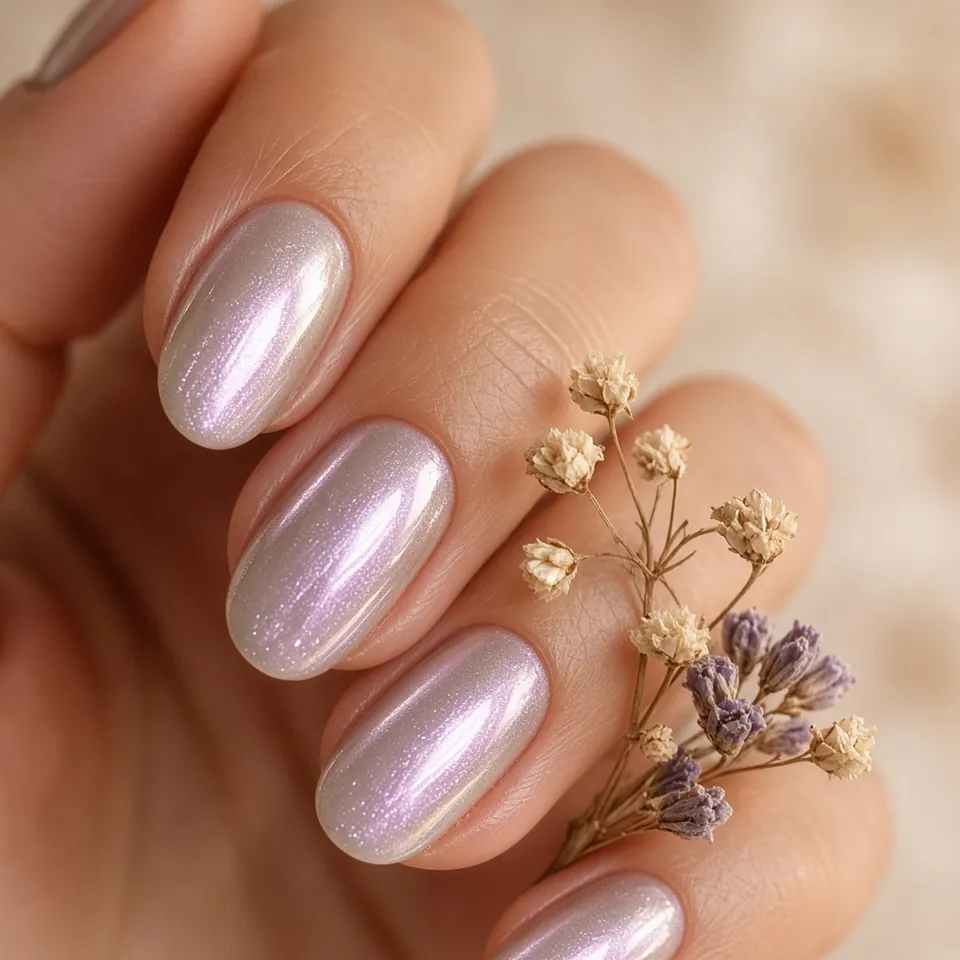 Жемчужная втирка с сиреневым переливом на овальных ногтях